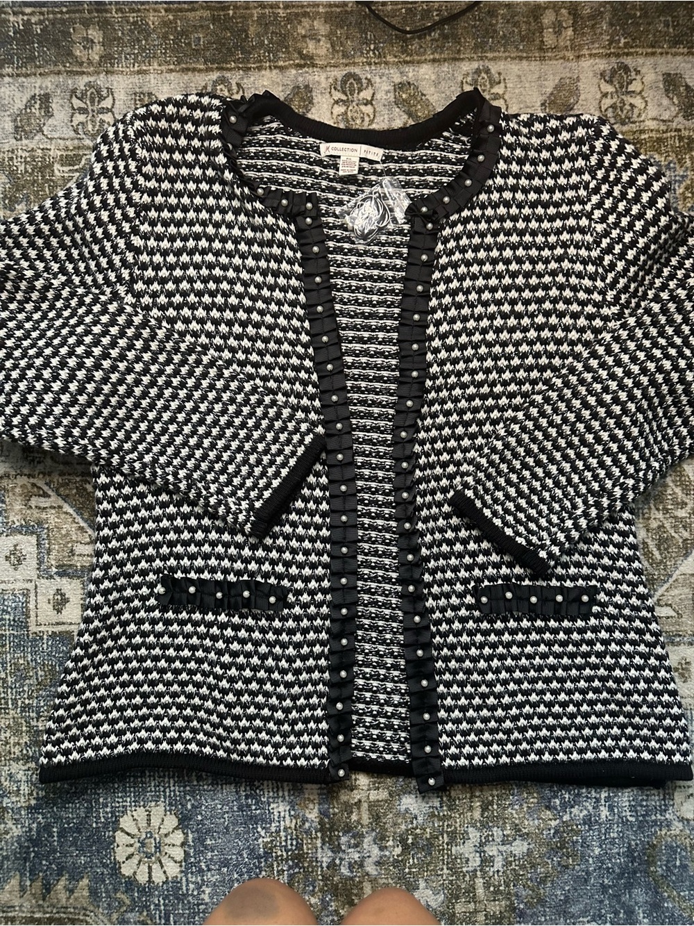 JM Collection Black & White Tweed Cardigan with Stud Trim